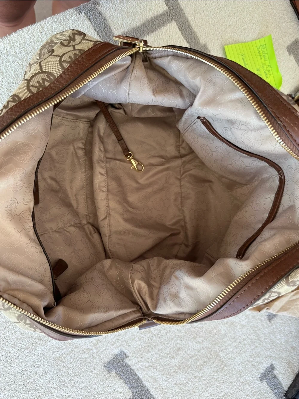 Michael Kors Beige and Brown MK Logo Satchel with Gold Hardware